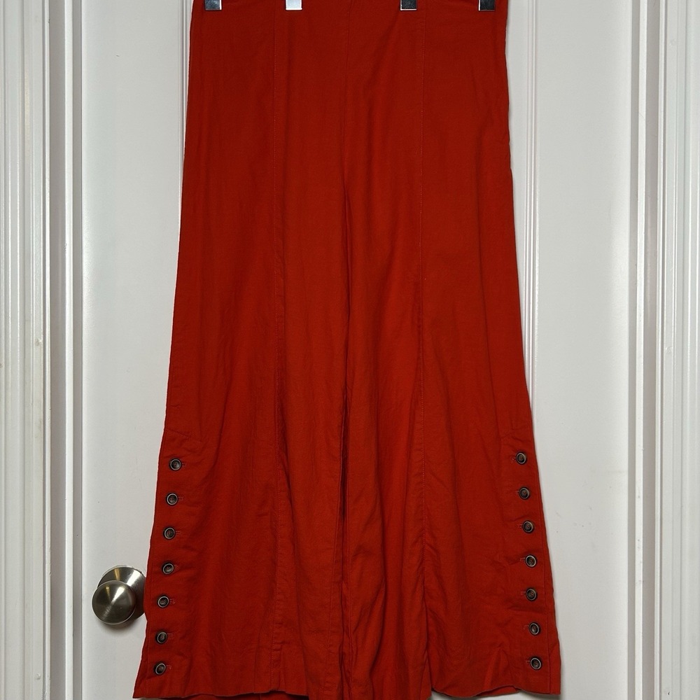 Anthropologie Linen Blend Red High Rise Flare Leg Buttoned Hem Cropped Pants